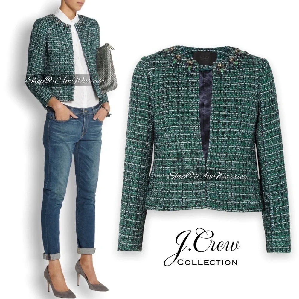 J.Crew Collection jeweled emerald + navy tweed blazer/jacket *shop@iamwarrior